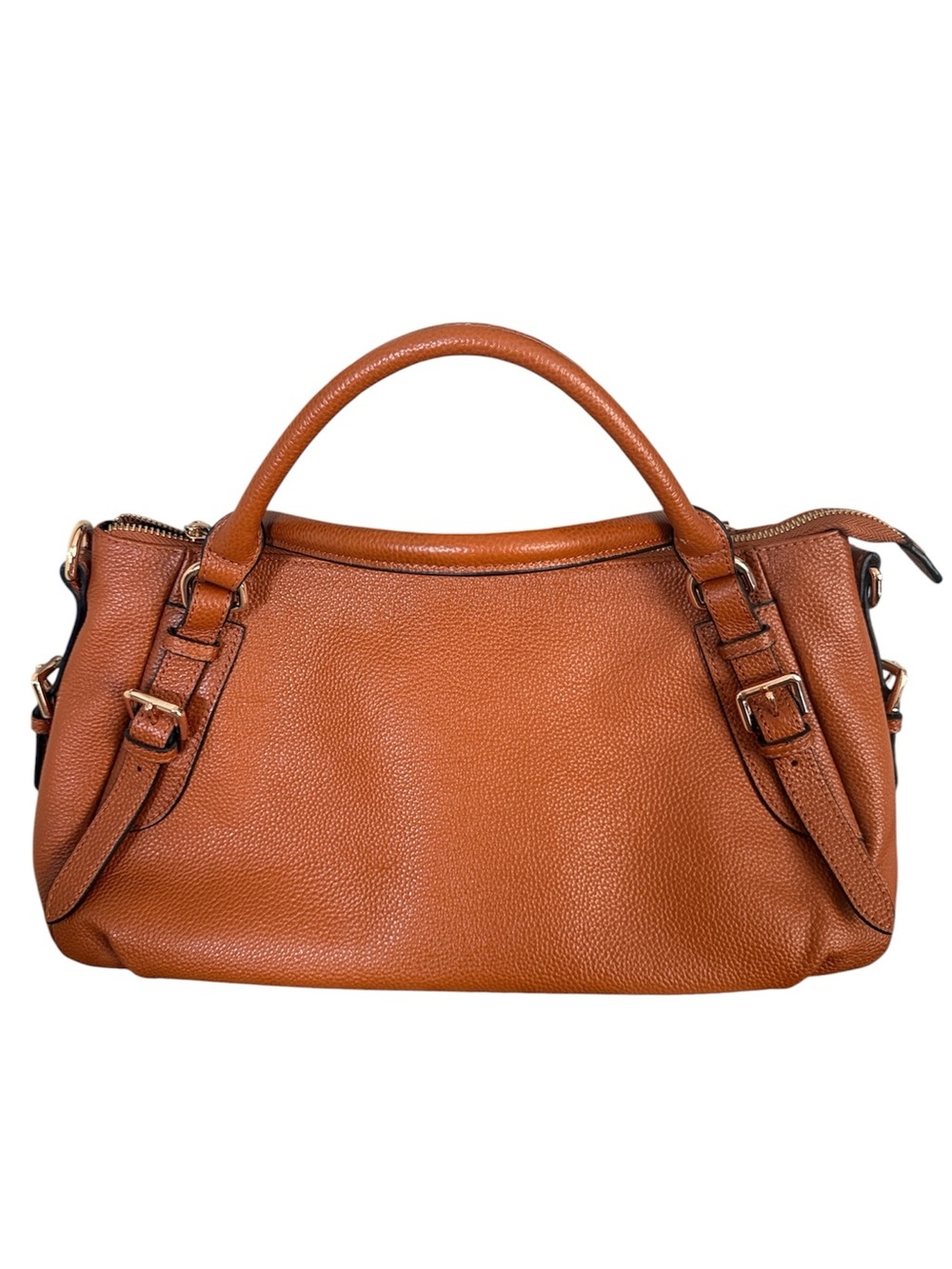 Katee Cognac Brown Pebbled Satchel Leather Handbag Shoulder Bag Gold Hardware